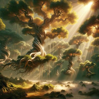 The primary subject of the image is a large tree with a gnarled trunk, surrounded by a forest of other trees. The setting is a lush, green forest with a sunny atmosphere. The visual style is a digital art or illustration, creating a vibrant and detailed scene. The colors and mood are predominantly green, with a sense of serenity and natural beauty.